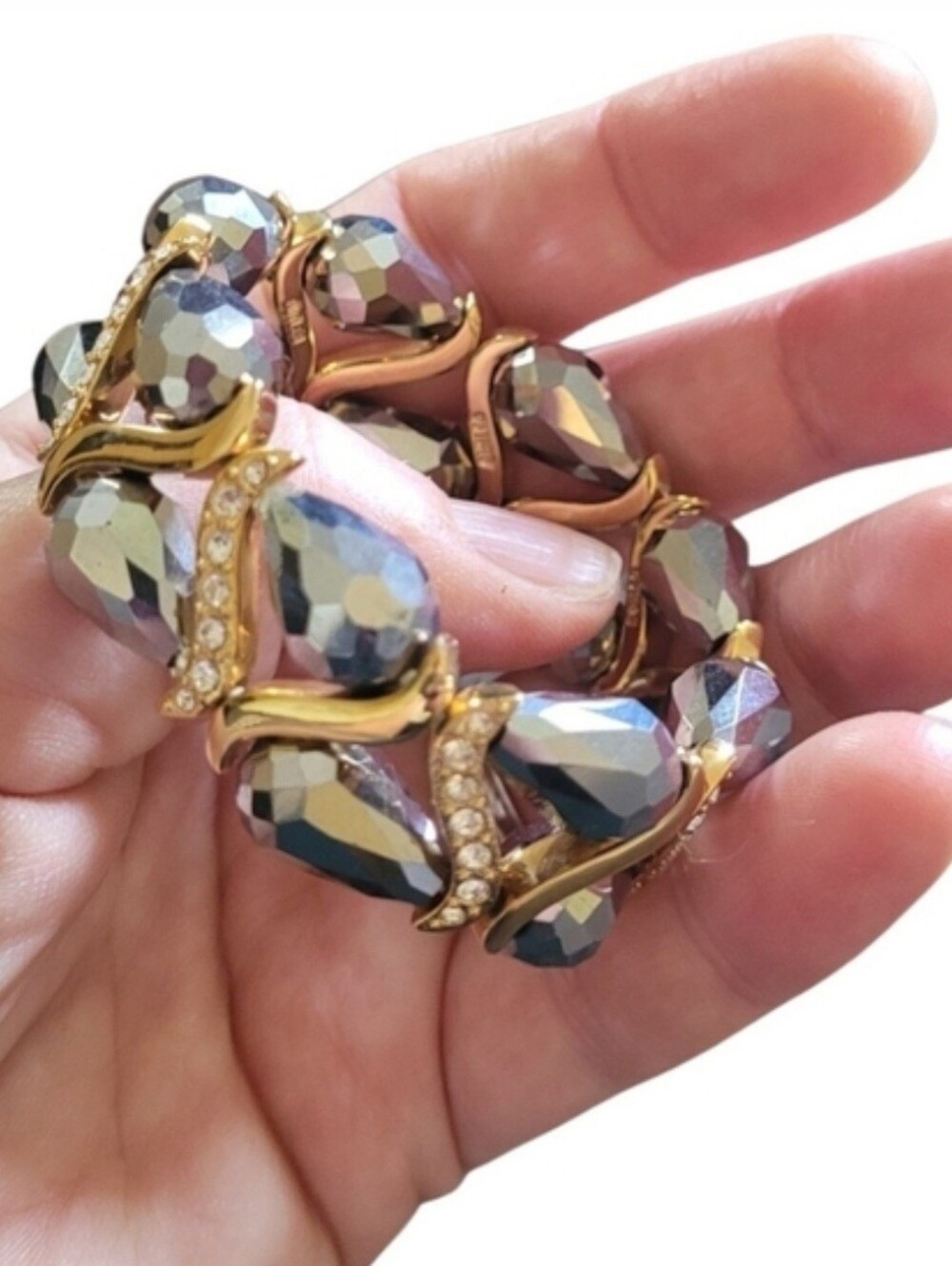 Faceted Hematite and Swarovski Crystal Accented Stretch Bracelet in Gold
